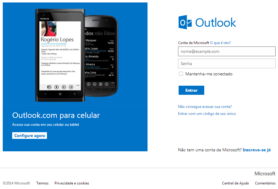 tela inicial do outlook.com